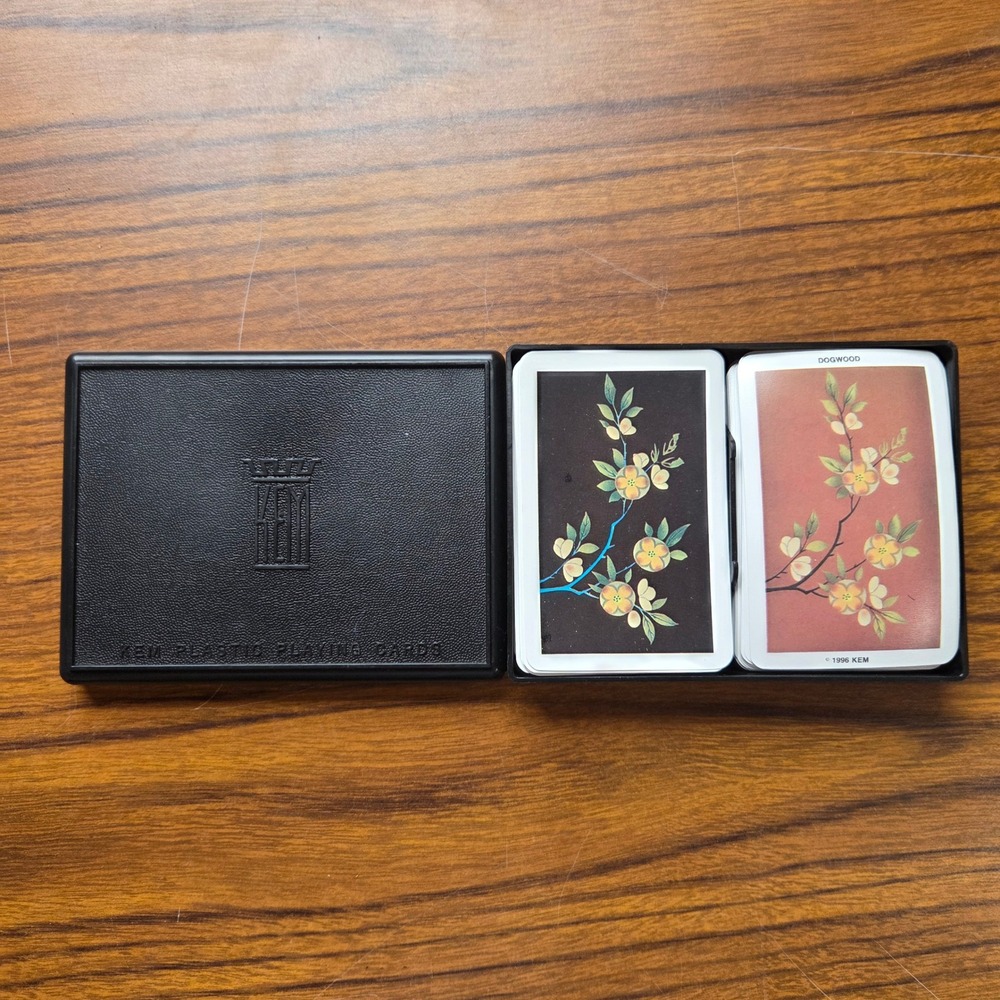 Vintage 1996 KEM Plastic Playing Cards Dogwood Double Deck Bridge Set with Case